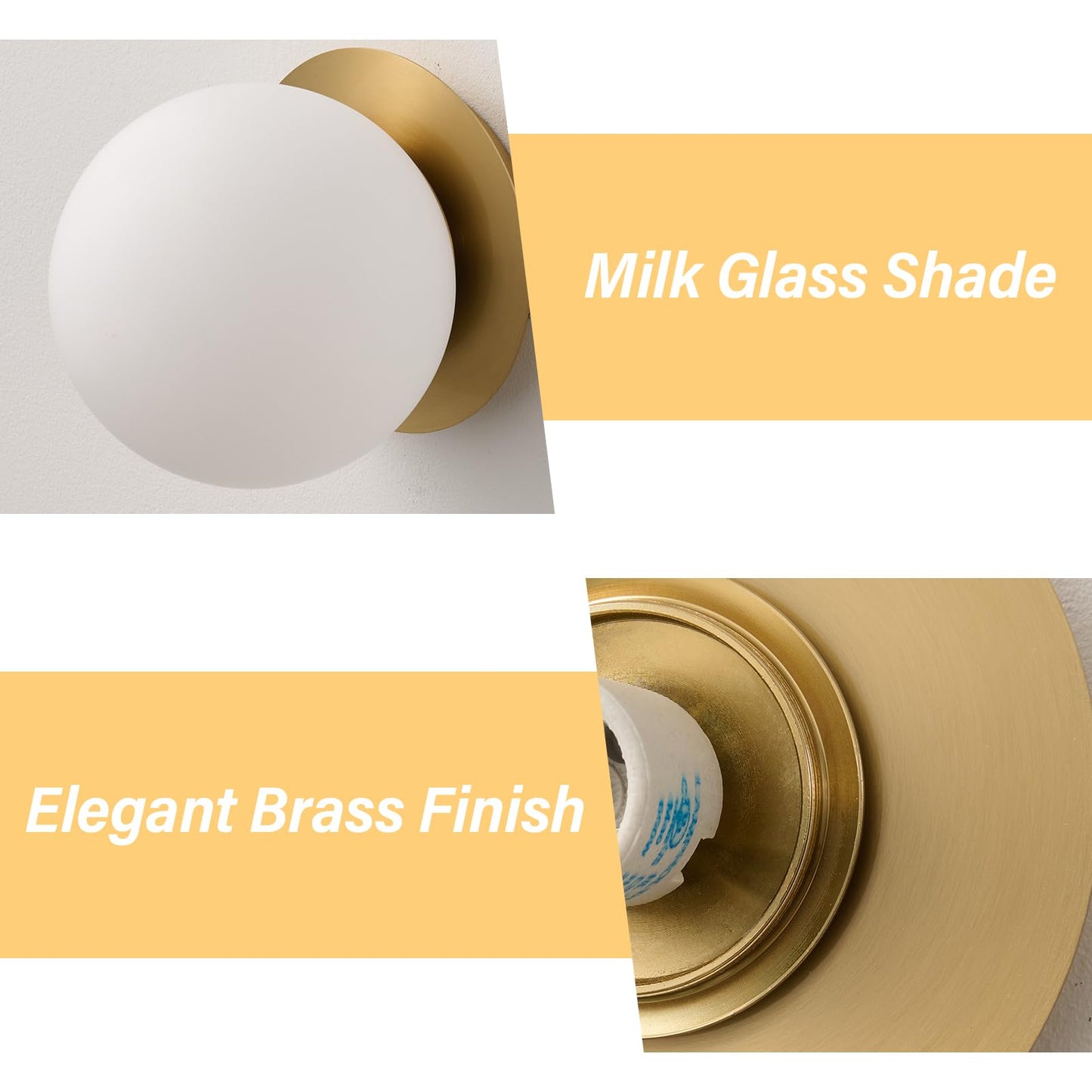 Modern Glass Globe Wall Sconce: Gold Spherical Sconces Light - Small Brass Vanity Single Ball Lights Fixture - Contemporary Milk Glass Wall Mounted Lamp for Bedroom Bathroom Hallway Bulb Not Included