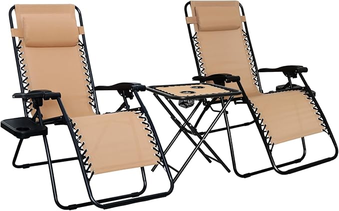 Amazon Basics Outdoor Textilene Adjustable Zero Gravity Folding Reclining Lounge Chair Set with Cup Holder, Side Table, Headrest, Weather-Resistant, 35 x 26 x 43 inches, Beige, 2-Pack
