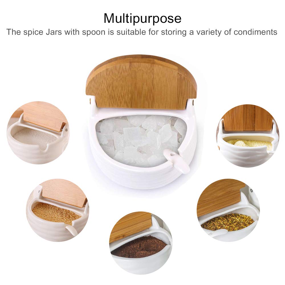 Vermida Ceramic Salt Cellars with Lids and Spoons, Salt Pepper Containers for Countertop, Porcelain Sugar Container with Labels for Kitchen, Sugar Holder for Serving, Tea, Coffee, Spice, Salt