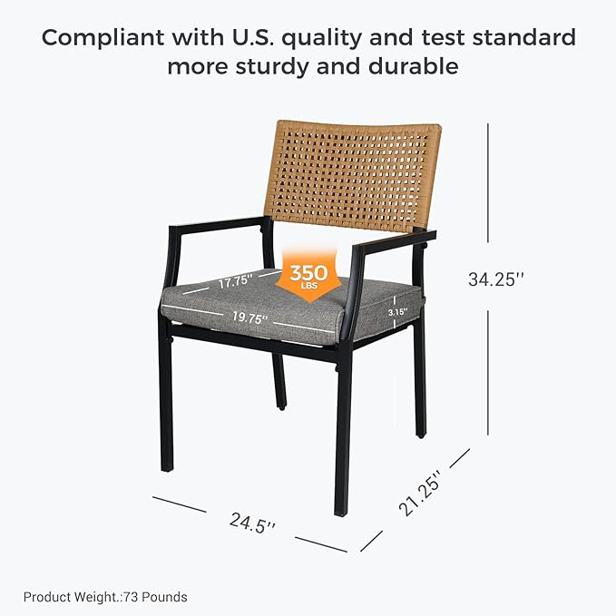 Grand Patio Outdoor Dining Chair Set of 2, 2-Piece Stackable Wicker Chairs with Cushions and Armrest for Restaurant, Garden, Porch, Lawn and Poolside