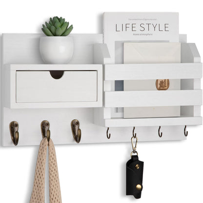 Lwenki Wall Mount Key Holder with Mail Organizer, 100% Paulownia Wood, 7 Metal Hooks, Storage Drawer, Entryway Home Decor (White)