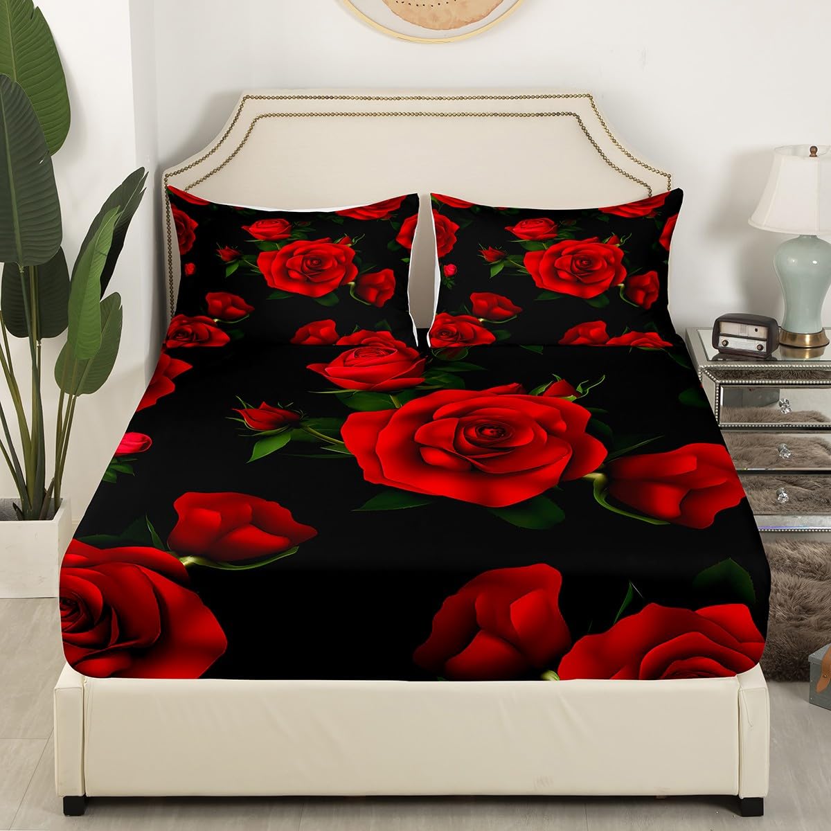 Feelyou Rose Fitted Sheet Red Floral Print Bed Sheet Set Romantic Flower Bedding for Women Queen Size Includes 1 Sheets & 2 Pillowcases (No Flat Sheet)