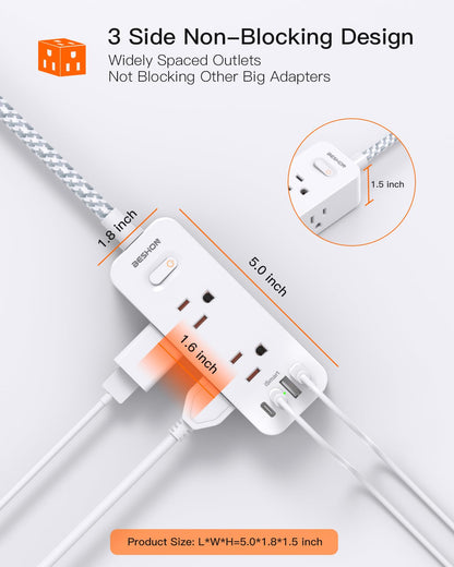 Power Strip Surge Protector, BESHON 5Ft Extension Cord, 6 Outlets with 4 USB Ports (2 USB C Outlet), 3-Side Outlet Extender, Wall Mount, Compact for Travel, Home, School, College Dorm Room and Office