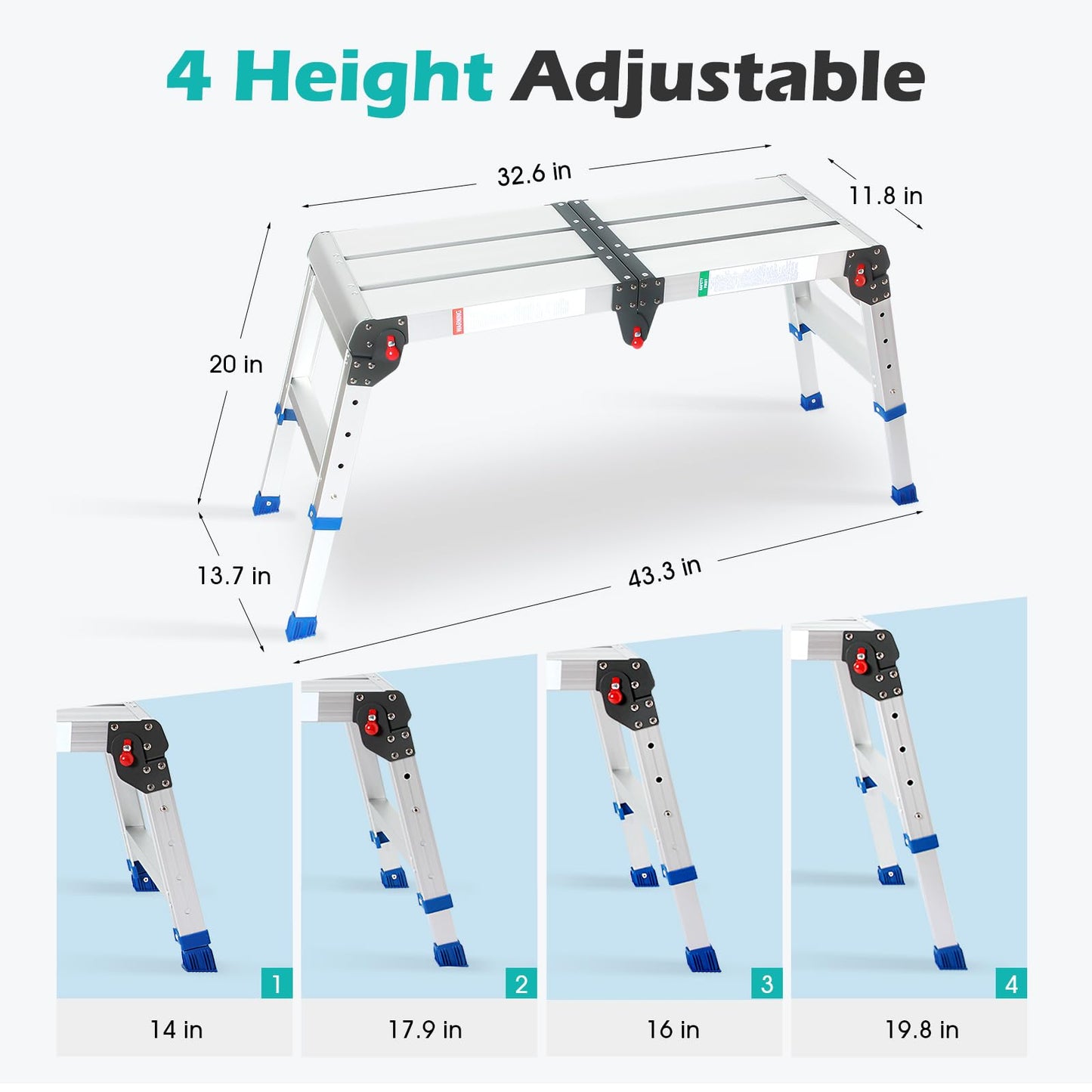 LEADALLWAY Portable Work Platform Height Adjustment 33"(L) x12(W) x20(H) Foldable Step Stool Aluminum Platform Ladder with One-Touch Automatic Fold 330 Lbs Capacity