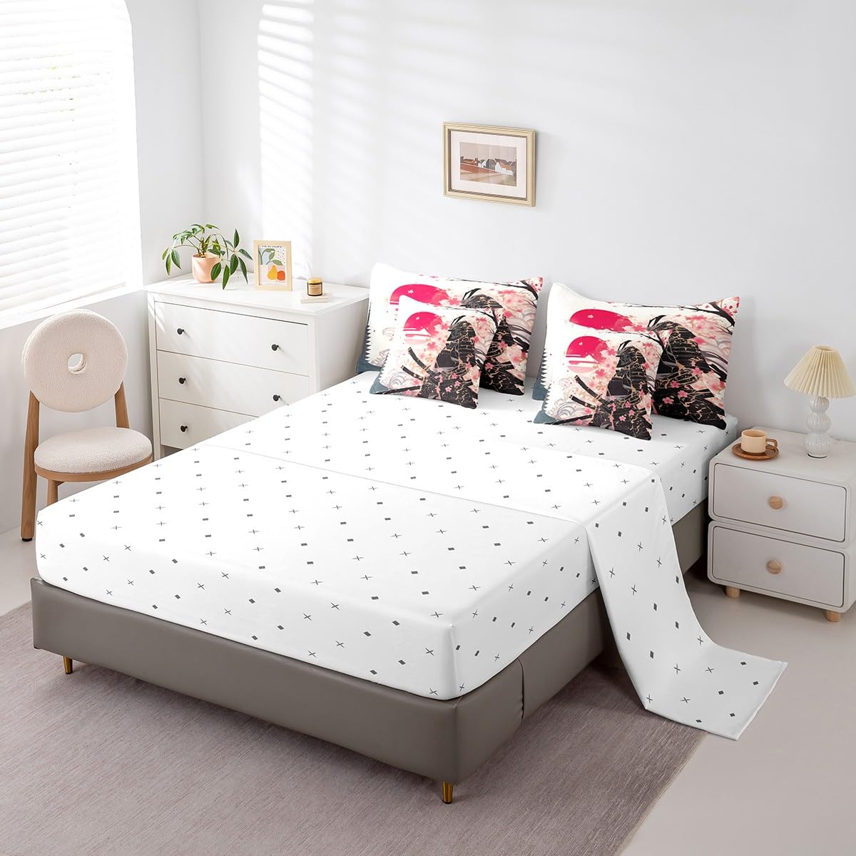 Erosebridal Japanese Samurai Queen Comforter Set,Pink Cherry Blossom Bedding Set with Sheets,Oriental Theme Bed Set 7 Piece for Kids Boys Men,Aesthetic Floral Bed in a Bag with Fitted+Flat Sheet