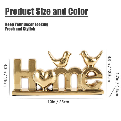 GAOSHENG Ceramic Home Letter Sign with Bird Statues,Modern Gold Tabletop Decor for Entryway,TV Stand & Floating Shelf,Warm Housewarming Gift for New Home,Elegant Family Room Ornament (Gold)
