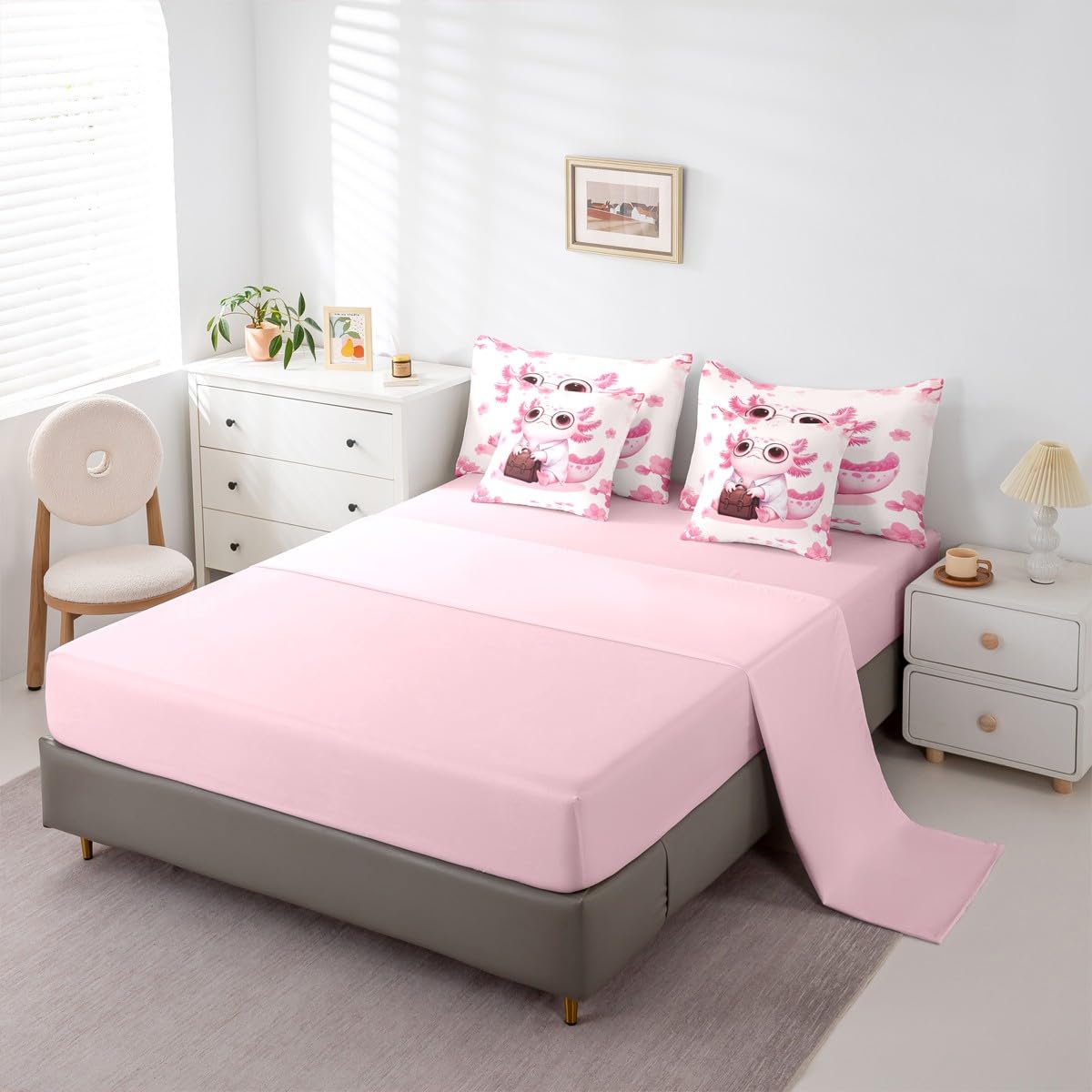 Erosebridal Pink Axolotl Comforter Set with Sheets (Queen Size,7 Pieces) | Pink Floral Cherry Blossom Quilt Cartoon Axolotl Bedding Sets Girly Cute Ocean Animal Bed in A Bag with Flat Fitted Sheets
