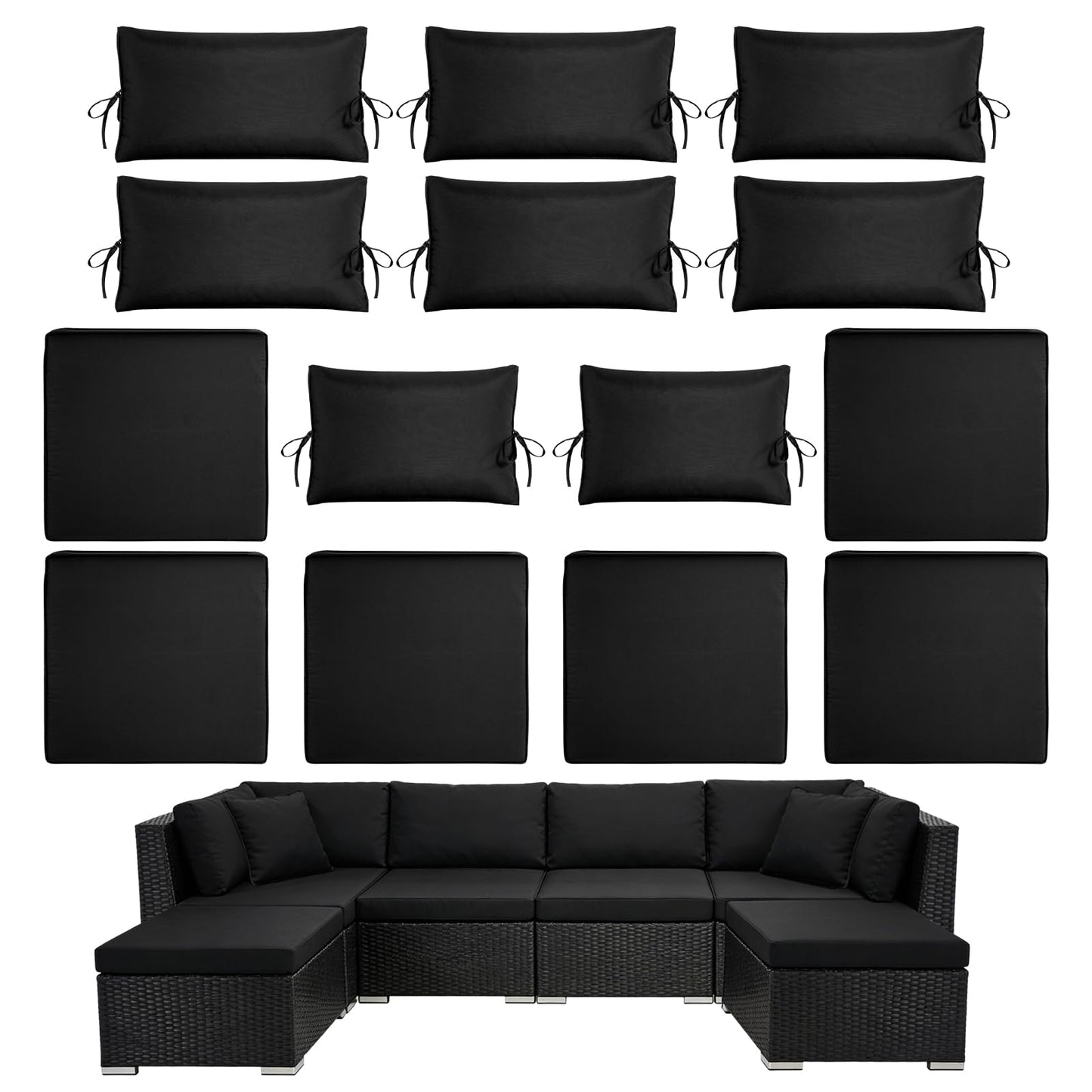 Cabubra 14PCS Outdoor Patio Furniture Cushion Covers, Waterproof & Sun-Resistant Zippered,Fit for Patio Furniture Sectional Sofas and Wicker Rocking Chairs,3 Sizes,Black. Covers Only