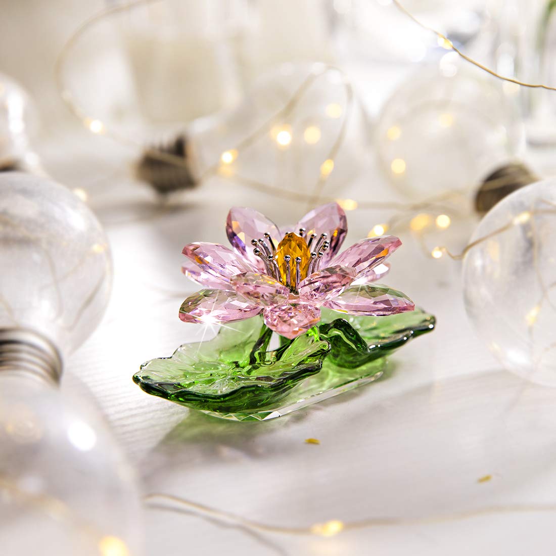 H&D HYALINE & DORA Pink Sparkle Crystal Hue Reflection Crystal Lotus Flower,Glass Home Decor for Feng Shui,Gift Boxed