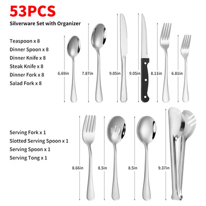 53PCS Silverware Set for 8 with Flatware Drawer Organizer, Stainless Steel Cutlery Set with Steak Knives, Include Spoons and Forks Set & Serving Utensils, Mirror Polished, Dishwasher Safe