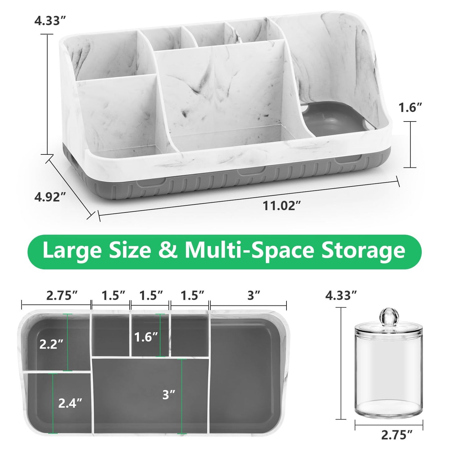 GFWARE Bathroom Toothbrush Holder Set with 2 Pack Qtip Holder Dispenser - Detachable 7 Slots Bathroom Accessory Set, Kids Marble Bathroom Sink Counter Set, Bathroom Essentials Decor, Grey