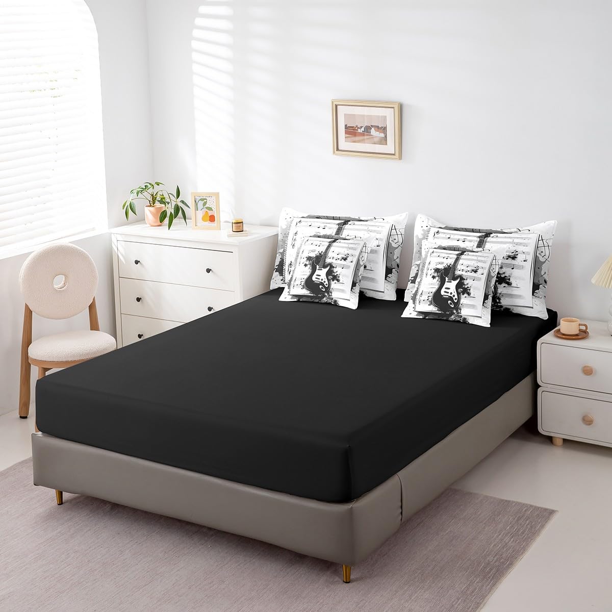 Feelyou Music 7 Pieces Bedding Set Queen Size Guitar Comforter Set with Sheets for Kids Boys Girls Rock Music Bed in a Bag Guitar Instruments Bed Set