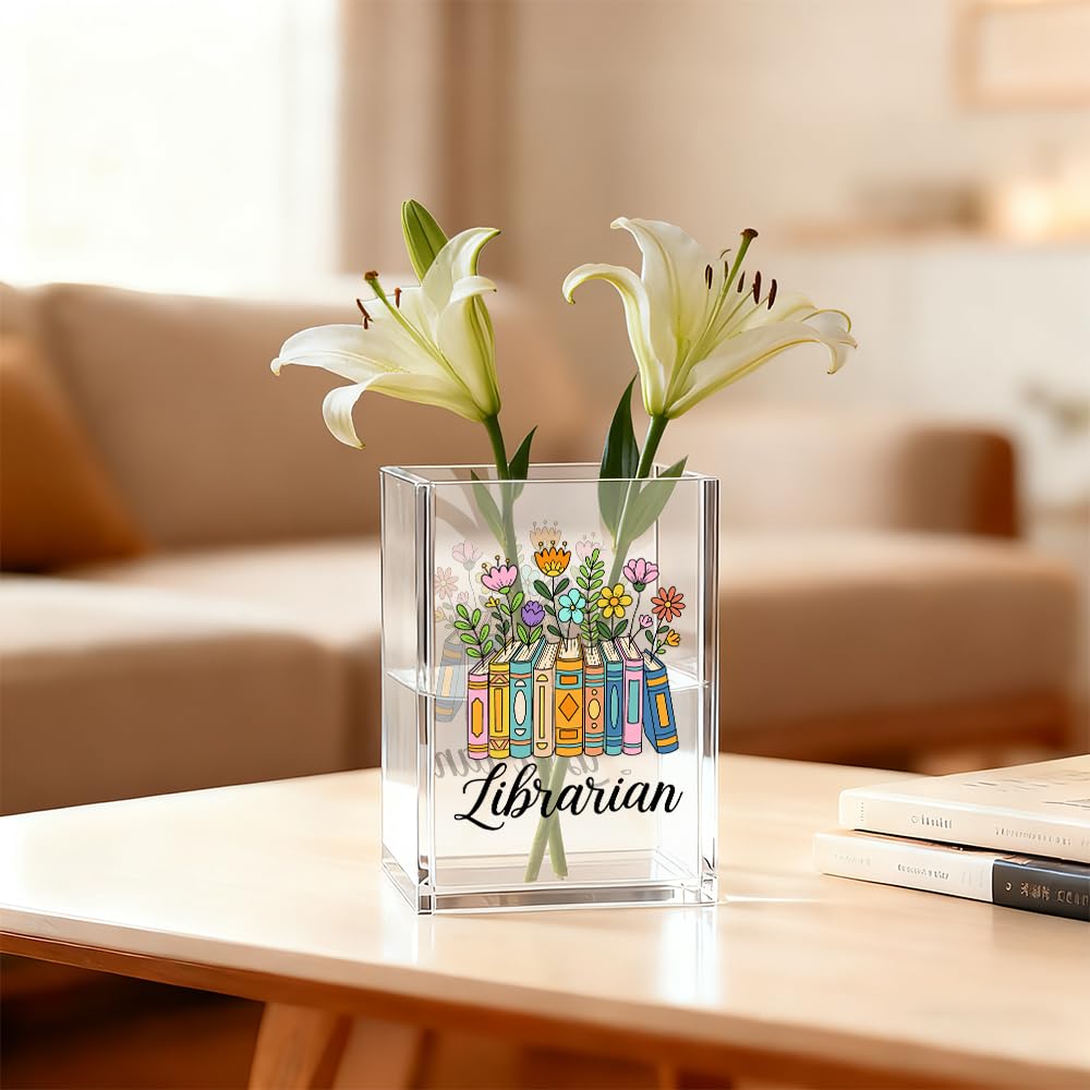 Gkodw Librarian Acrylic Pen Holder Cosmetic Organizer, Funny Pencil Pen Holder for Desk, Reading Nook Accessories for Library Lover Teacher, Librarian Day Appreciation Birthday Back To School Gifts