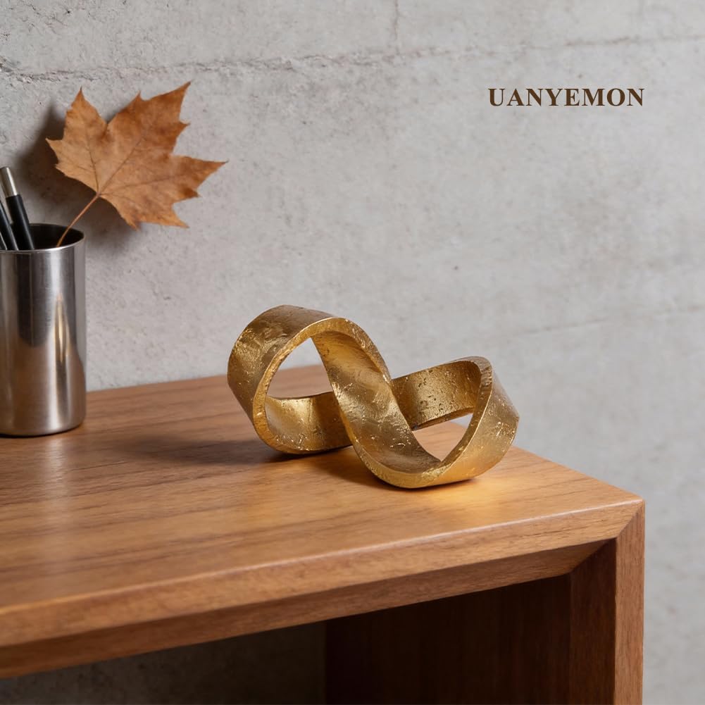 Modern Infinity Knot Sculpture - Gold Knot Home Decor, Multi-Angle Statue for Shelves, Coffee Table, Bookshelf, Living Room, Office, Resin Geometric Decorative Accent, Abstract Art Knick Knacks Gifts