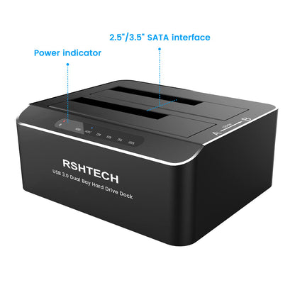 Hard Drive Docking Station, RSHTECH Aluminum Dual Bay SATA Hard Drive Dock for 2.5/3.5 Inch SATA I/II/III HDD SSD Support 2x 16TB Hard Drives,Offline Clone and UASP,Tool-free (RSH-DS01)
