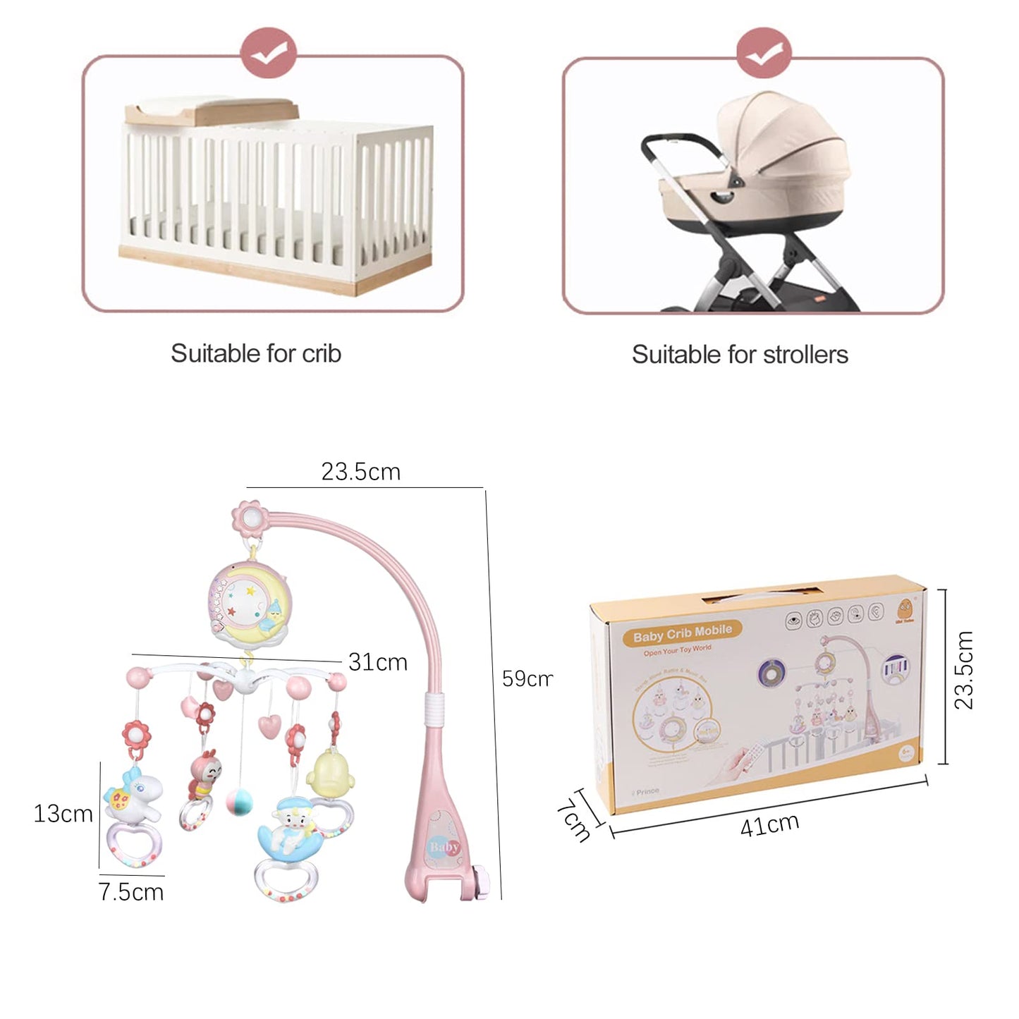 Aolkee 360° Rotating Baby Musical Cot Mobile with Lights, Hanging Rotating Rattles, Remote Control Music Box, Timing Function, Gift for Newborn Toddler