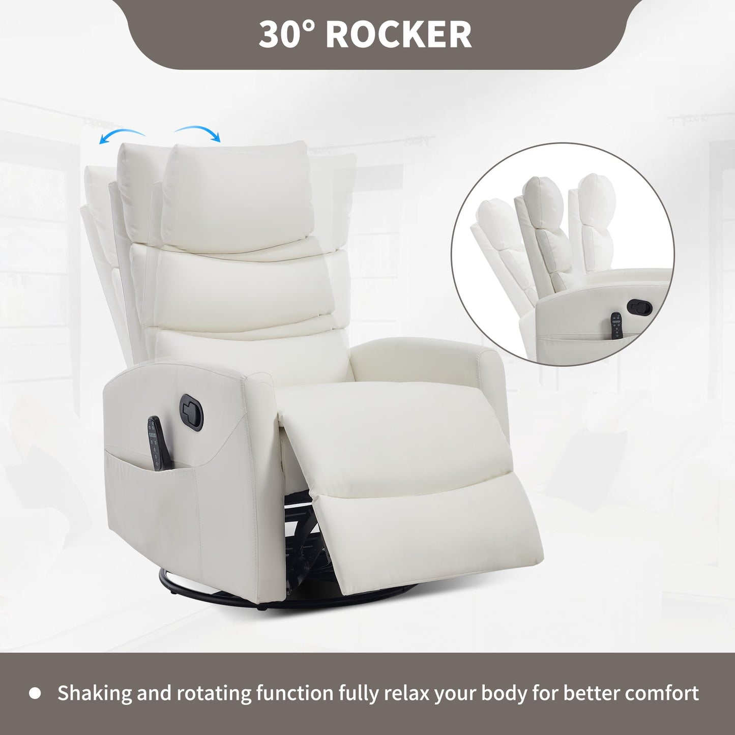 KEIKI Heat Massage Manual Recliner Chair, 360 Swivel Rocker with Lumbar Heat, Upgraded Faux Leather Modern Style Padded Armrests, Home Theater Seating Manual 155 Degree Recline for Bedroom, White