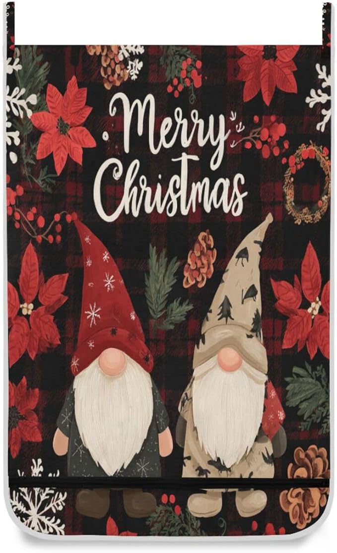 Checkered Christmas Floral Gnomes Hanging Laundry Hamper Door Hampers Bag Basket
