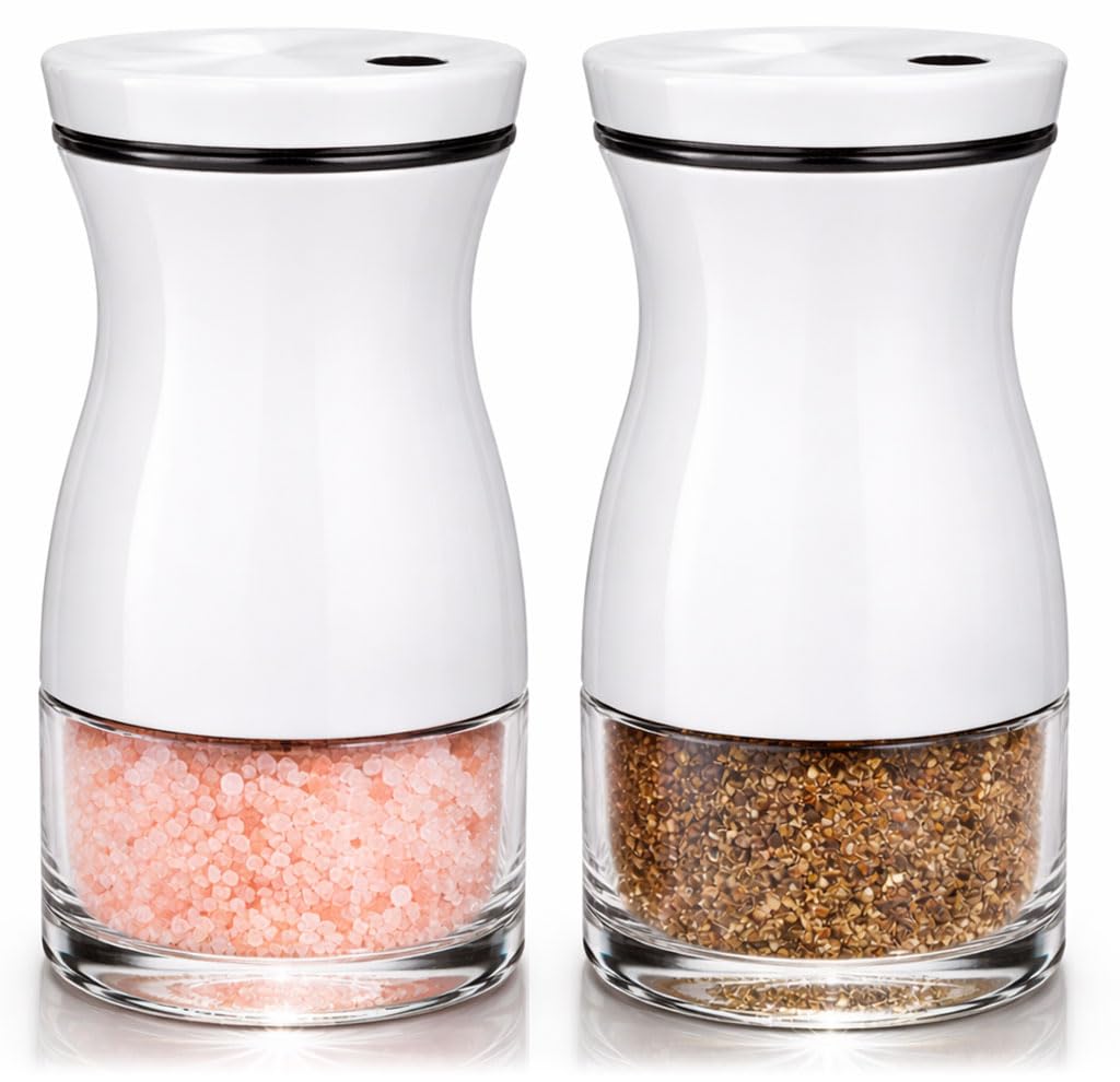 Salt and Pepper Shakers Set with Adjustable Pour Holes by CHEFVANTAGE - White