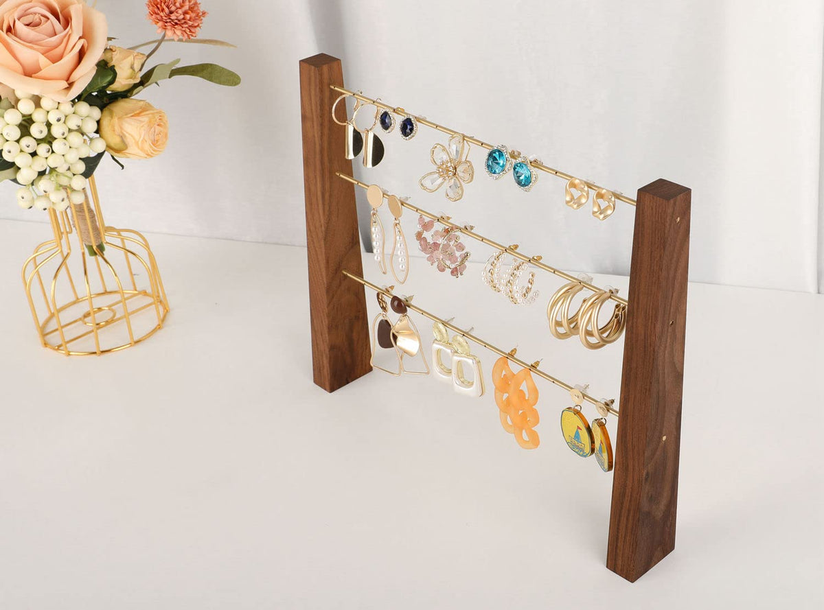 GemeShou 3 Tiers Walnut Earring display stands for selling, Wooden Jewelry Shelf, Earring Storage Organizer, Brass earring holders with 42 holes for stud Dangle Hoop【Walnut 3-Tier Height 9.45"】