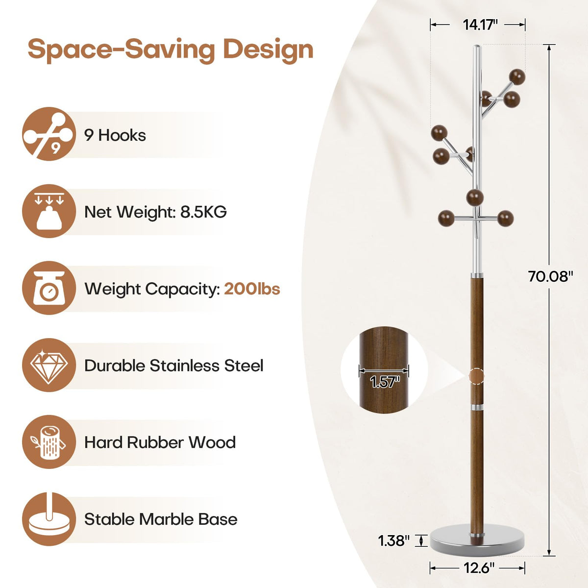 WOOW DEPOT Coat Rack Freestanding, Metal Coat Tree with 9 Rubber Wood Hooks, Heavy Duty Coat Hanger Stand with Marble and Stainless Steel Base, Standing Hall Tree for Clothes, Hats, Bags, Jacket