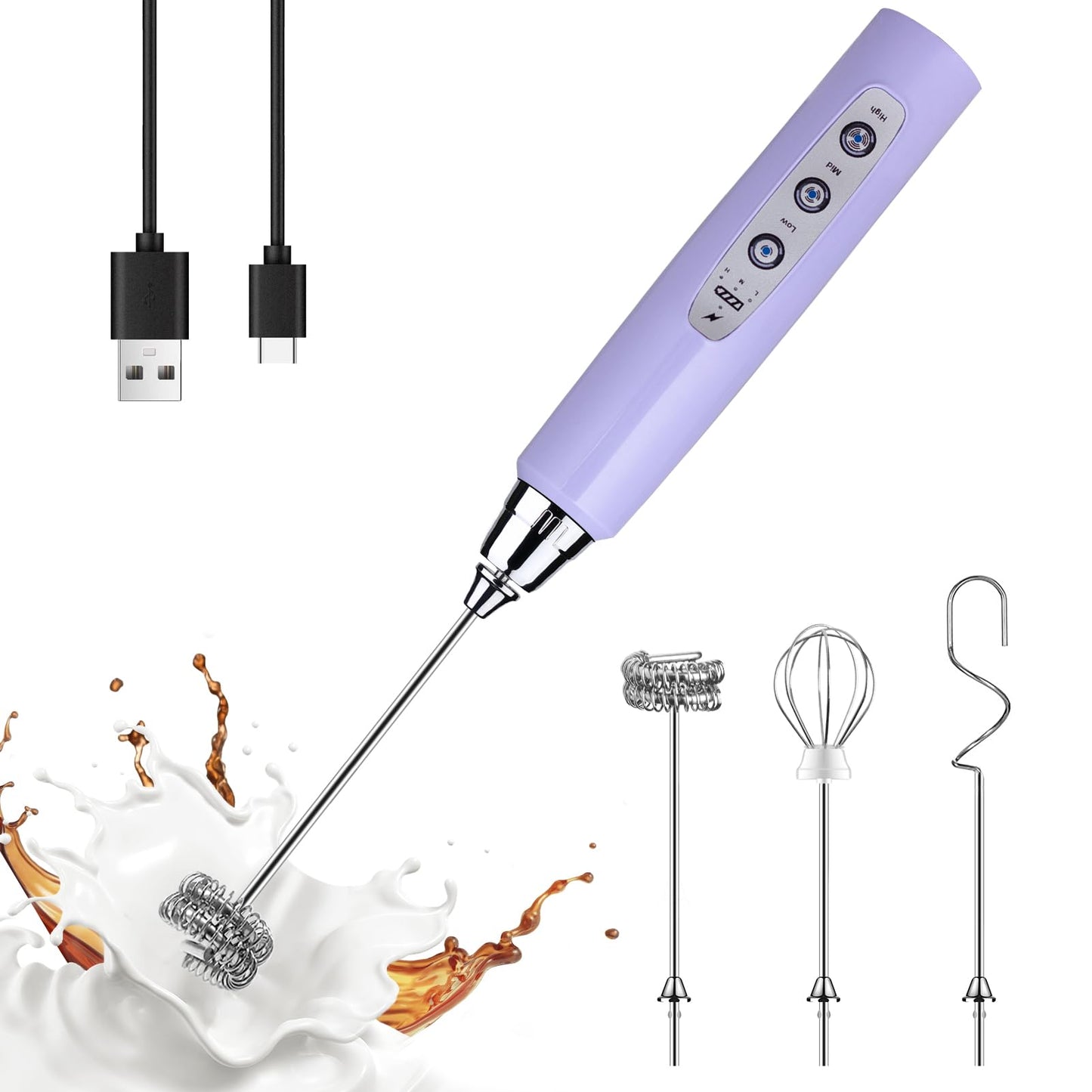 YUSWKO Black Handheld Milk Frother Wand for Coffee, Rechargeable Electric Whisk with 3 Heads 3 Speeds Drink Mixer Coffee Frother For Latte, Cappuccino, Hot Chocolate, Egg