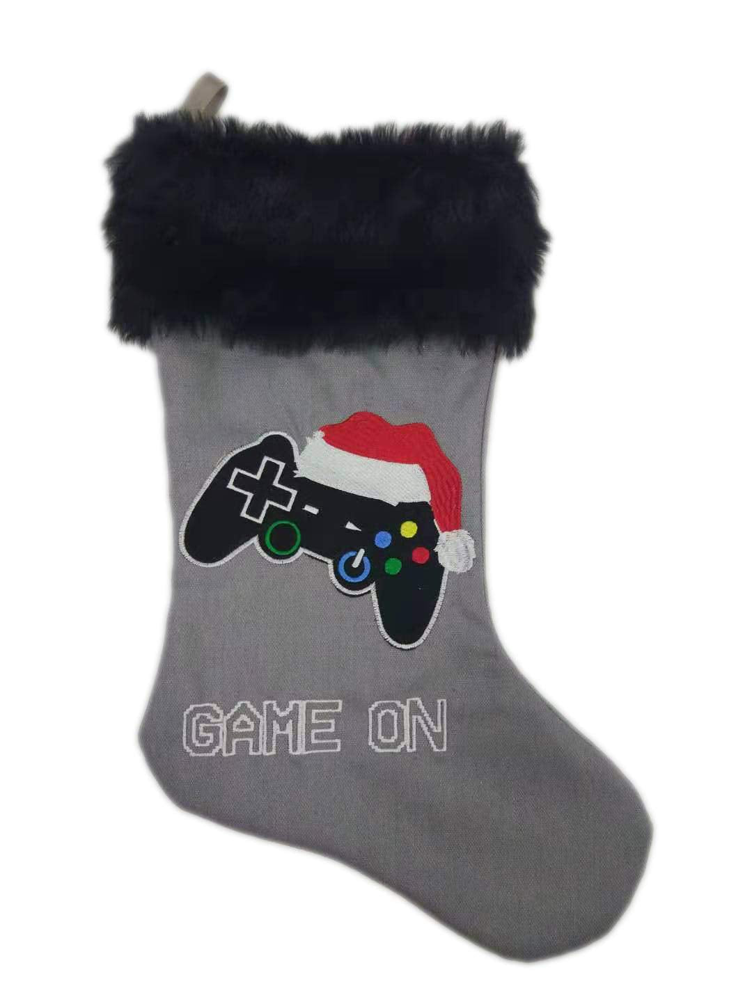 Awesome Video Gamer Christmas Holiday Stocking 20in Canvas with Faux Fur Grey Black Game On (Stocking)