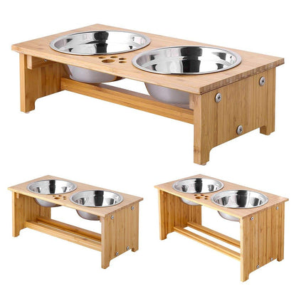 FOREYY Raised Dog Bowls for Cats and Dogs - Bamboo Elevated Dog Cat Food and Water Bowls Stands Feeder Dishes with 2 Stainless Steel Bowls and Anti Slip Feet (Small - 10 cm high)