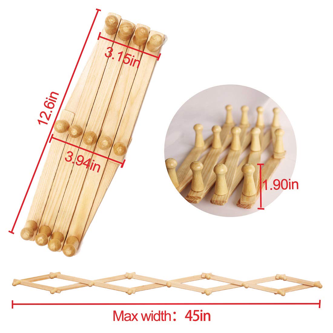 AMAPON Accordion Style Expandable Wall Wooden Coat Rack 13 Hooks (Pegs) Hang Hats Jackets Coffee Mug Purses Necklaces Towels Cap Leash Scarves Data Line Kitchenware