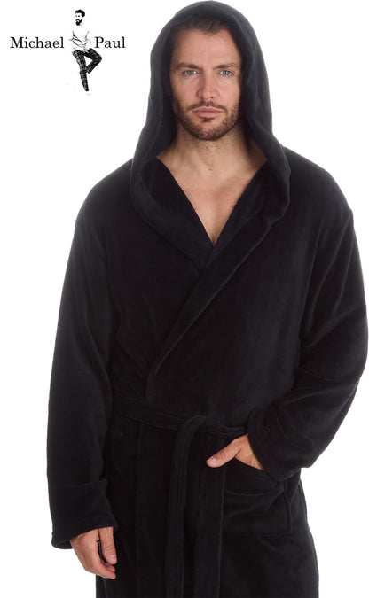 MICHAEL PAUL Dressing Gowns for Men | Super Soft Luxury Hooded Dressing Gown | Men's Warm and Cozy Fleece Nightwear Robe | Gifts for Men L BLACK