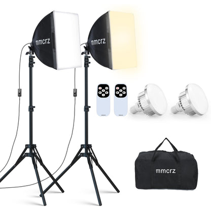 mmcrz 2Pack Professional Softbox Lighting Kit, 16'' x 16'' Studio Lights with 85W 2700-6500K E27 LED Bulbs, Continuous Lighting for Photography/Video Recording/Live Streaming