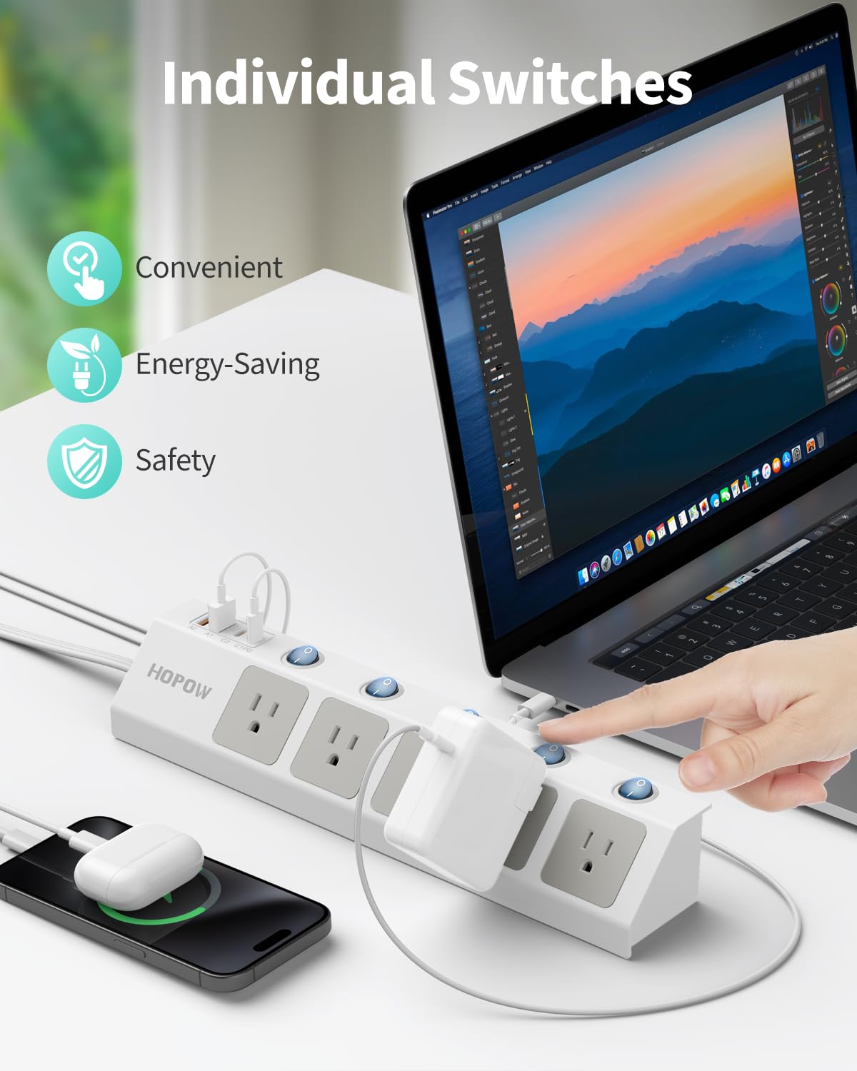 Flat Plug Power Strip with Individual Switches, 10 Ft Ultra Thin Flat Extension Cord, 5-Outlet Surge Protector with 2 USB-C (20W PD) & 2 USB-A, 1700 Joules, Wall Mount for Home Office, Black
