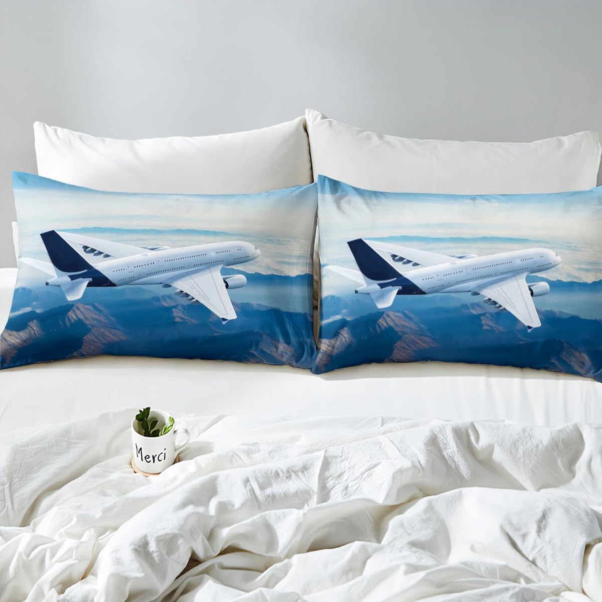 Feelyou 3D Aircraft Bedding Set Airplane Print Bed Sheet Set for Kids Boys Girls Teens Blue Sky Flying Plane Lightweight Microfiber Fitted Sheet Bedroom Decor 3Pcs Bed Cover Full Size