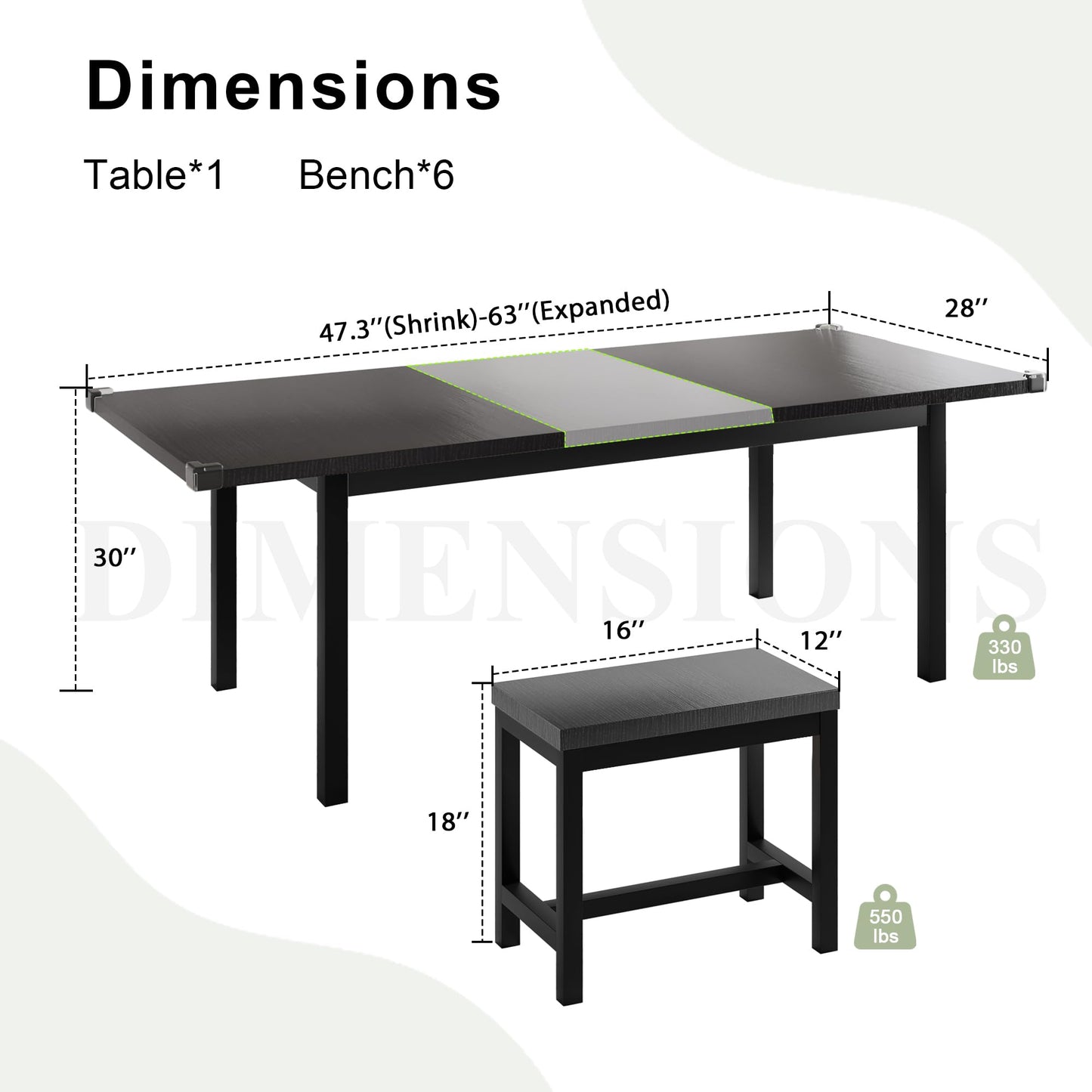 Feonase 7-Piece Dining Table Set for 4-8, 63" Large Extendable Kitchen Table Set with 6 Stools, Modern Dining Room Table with Heavy-Duty Frame, Easy Assembly, Gray