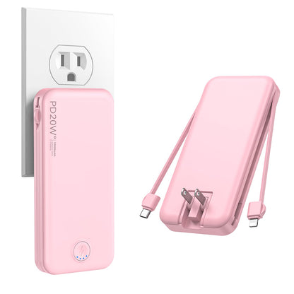 Nusyddy Portable Charger, 10000mAh PD20W Fast Charging Power Bank with Built-in Cables & Wall Plug, Travel Essentials External Battery Pack, USB C Battery Phone Charger for iPhone, iPad, Samsung Pink