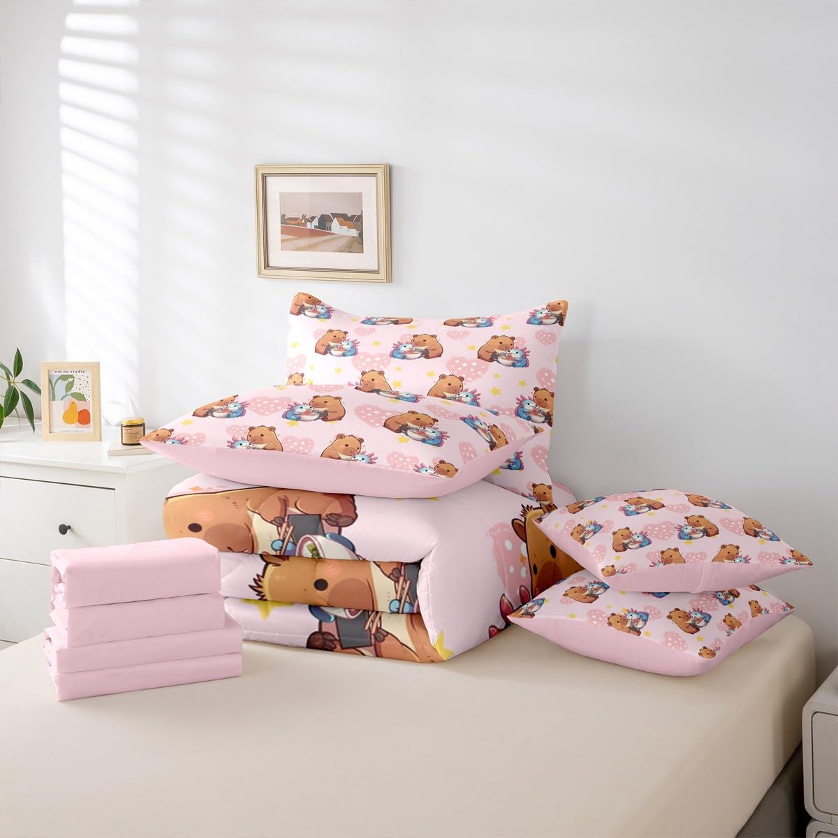 Erosebridal Girls Cute Capybara 7 Pieces Bedding Set, Axolotl Bed in a Bag Full, Capybara Feeding Noodles to Salamanders Pink Comforter Set with Sheets, Star Polka Dot Love Heart Bed Sets