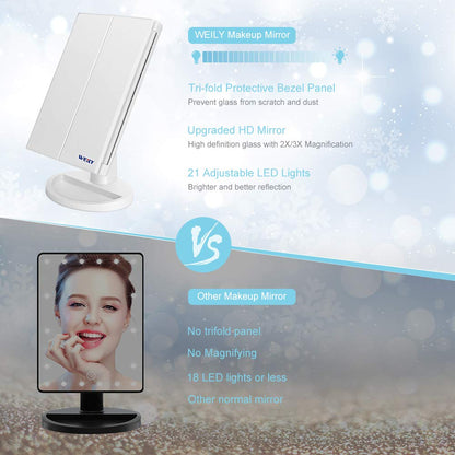 WEILY Makeup Mirror, 1x /2x/3x Trifold Makeup Mirror with 21 LED Lights and Adjustable Touch Screen Mirrors Cosmetic Countertop Mirrors (White)