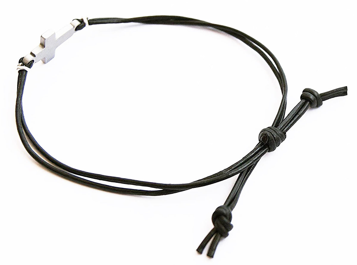 BeGenuine Store Mens Cross Bracelet Genuine Leather and Stainless Steel Sideways Cross Charm Adjustable Unisex Model
