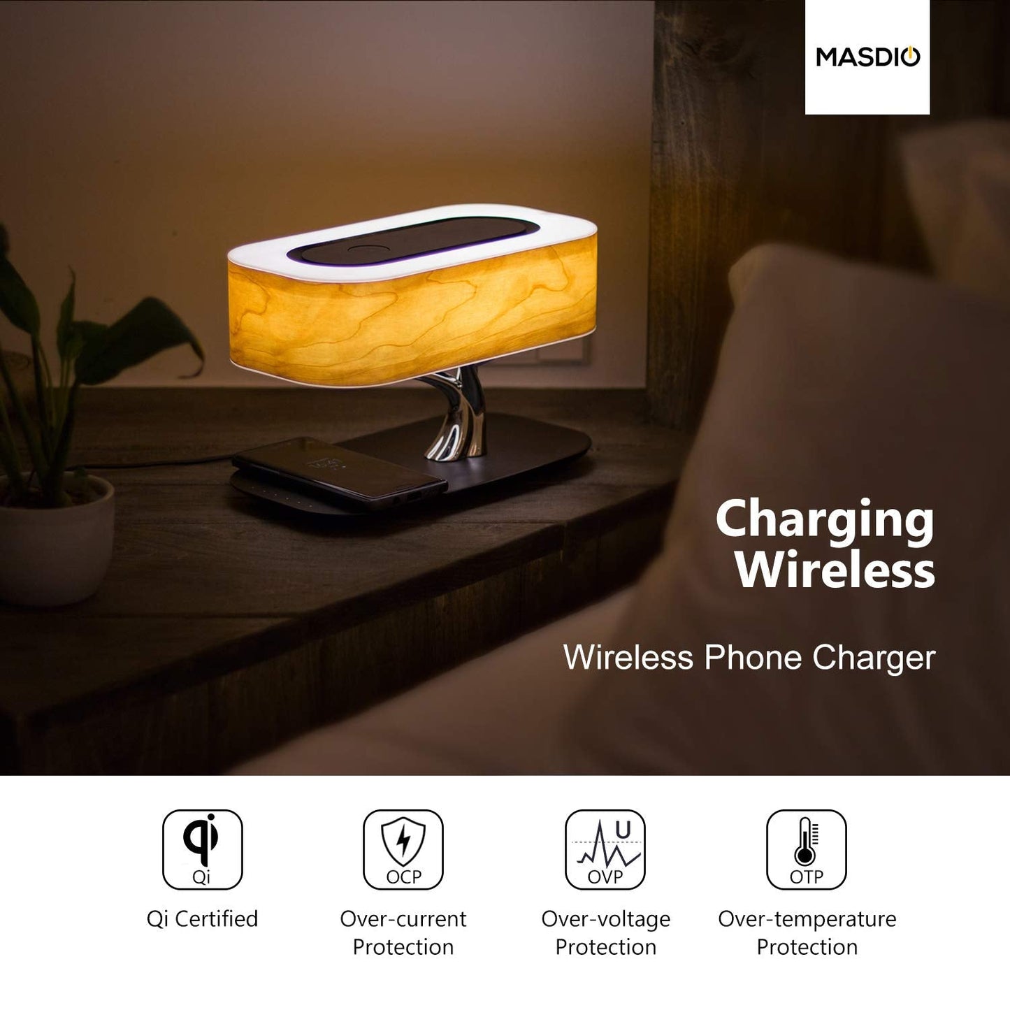 AMPULLA Masdio by Ampulla Bedside Lamp with Bluetooth Speaker and Wireless Charger, Table Lamp Desk Lamp with Sleep Mode Stepless Dimming