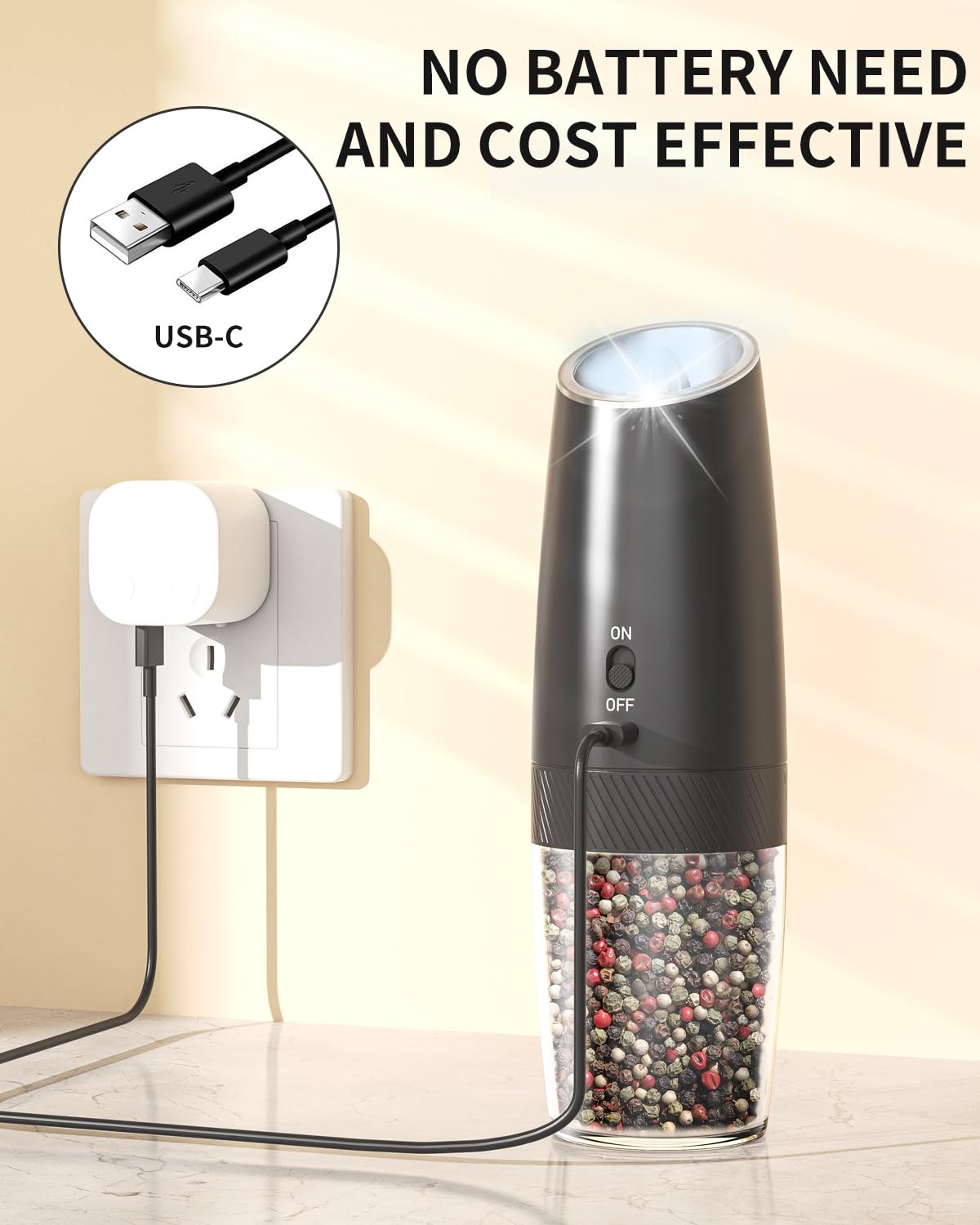 CIRCLE JOY Gravity Electric Salt and Pepper Grinder Set Rechargeable Salt and Pepper Shakers Automatic Mill Grinder with White LED Light, Adjustable Coarseness, Washable 135ml Container, Black