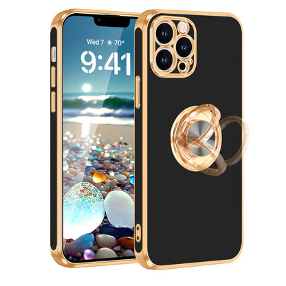 Fingic iPhone 13 Pro Max Case with Ring Stand, 360 Rotatable Magnetic Kickstand, Slim Fit Soft TPU, Black/Gold