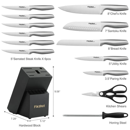 FIKSHOT Kitchen Knife Set, German Stainless Steel kitchen knives – Includes Knife Block Set & Sharpener, High Carbon, Rust-Resistant, Ergonomic Handle for Cooking, Grilling & Gifting