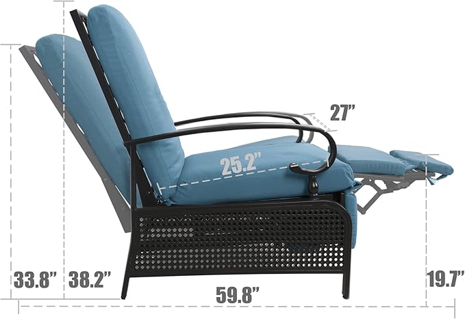 Kozyard Adjustable Outdoor Reclining Lounge Chair, Cushioned Patio Chaise Lounge with Extendable Metal Frame for Sunbathing, Reading & Relaxing – Comfortable Outdoor Recliner(Aqua)