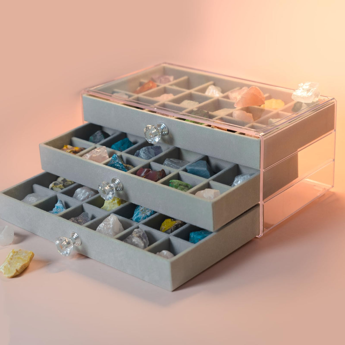 Acrylic Mineral Display Case - 3-Layer Rock Collection Box with 54 Grids & Velvet Lined Drawer | Anti-Tarnish & Dust-Proof Storage for Crystals, Gemstones, Fossils | Jewelry and Specimen Organizer