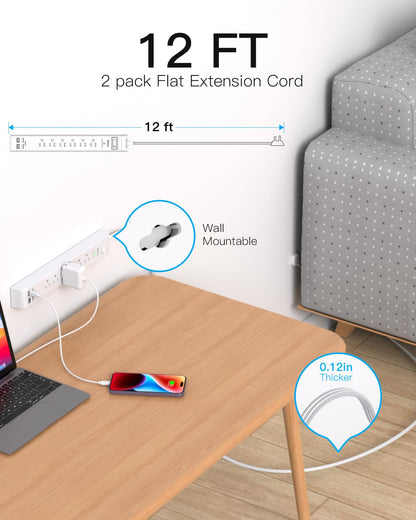 2 Pack Power Strip, 12FT Long Extension Cord, Surge Protector with 6 Outlets and 4 USB Ports (2 USB C), Flat Plug Overload Protection, Extension Cord 10+ ft, Wall Mount for Home Office Dorm College