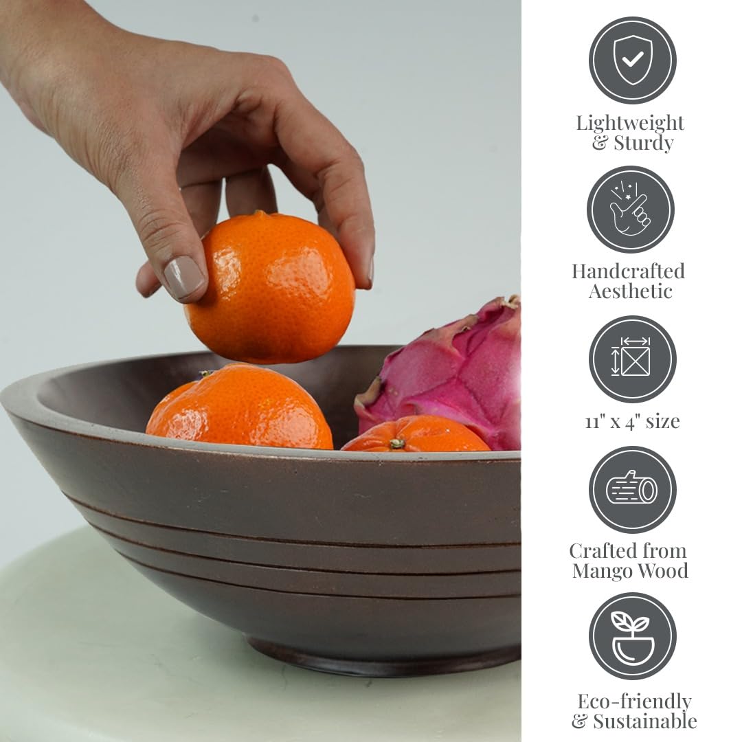 Folkulture Wooden Fruit Bowl for Kitchen Counter | 11" Large Premium Eco Friendly Banana Fruit Basket for Kitchen | Mango Wood Bowl, Black Fruit Bowl for Table Decor, Centerpiece for Dining