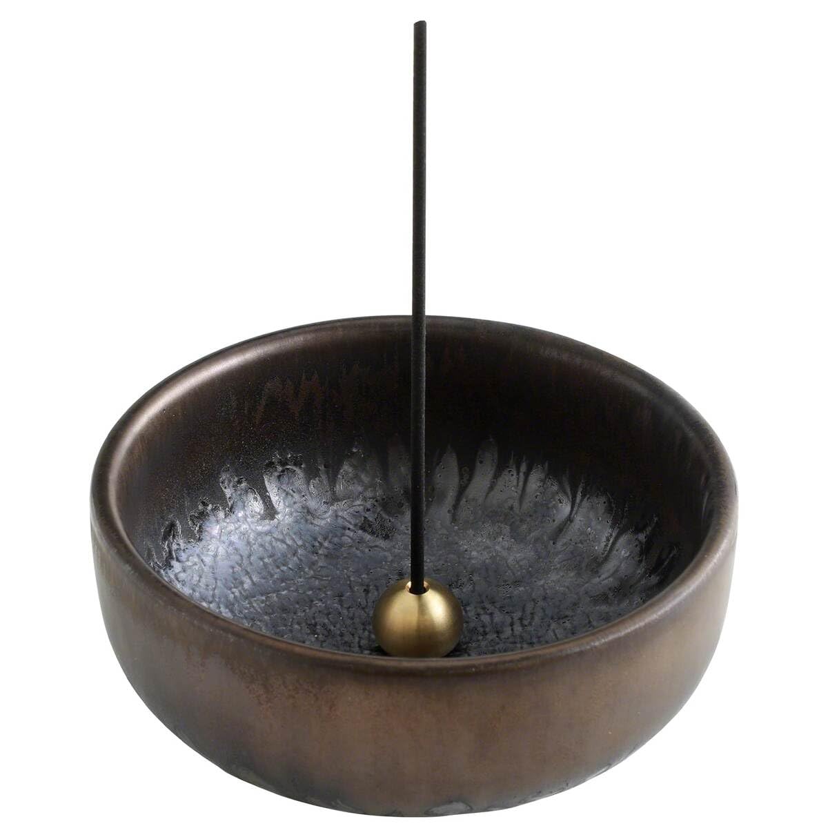 Asayu Japan Zen Incense Holder – 3.9" (100 mm) Ceramic Incense Bowl with Brass Burner, Made in Japan Mino Ware, Modern Wabi-Sabi Style in Metallic Black, Brown & Gold