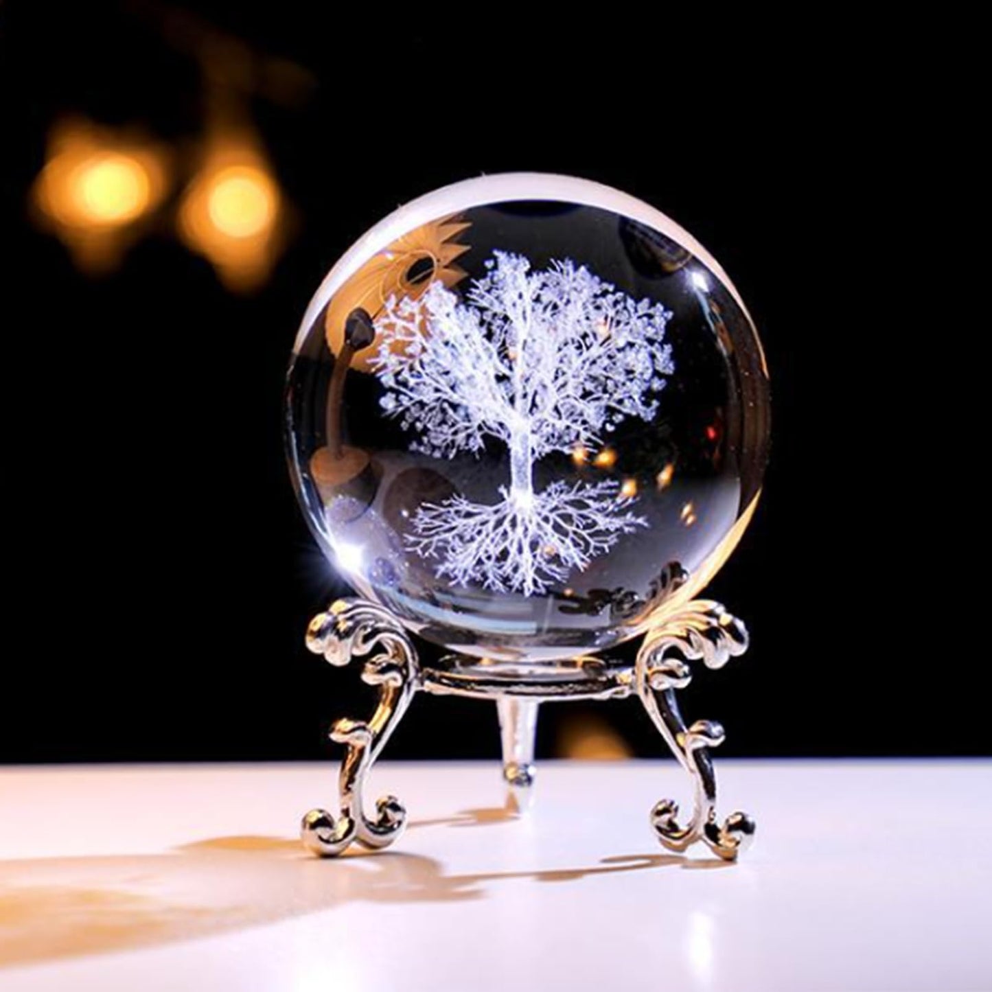 Tree of Life Crystal Ball with Stand, 60mm 3D Laser Engraved Glass Sphere Decorative Balls Paperweight Gifts for Women Mom Kids