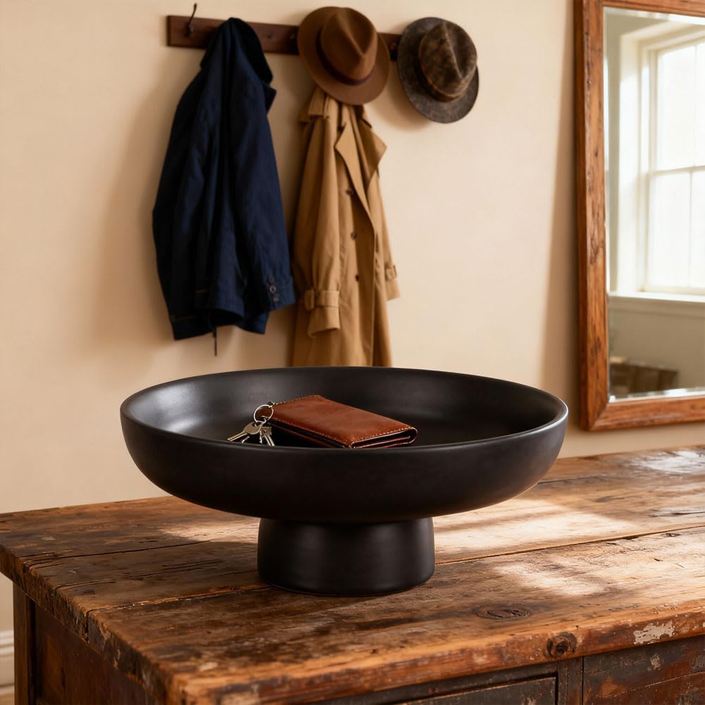 QIANLING Black Pedestal Bowl for Home Decor - Matte Black Resin Decorative Fruit Bowl for Kitchen Counter, Coffee Table or Entryway, Modern Centerpiece Bowl for Keys, Candy (Black)