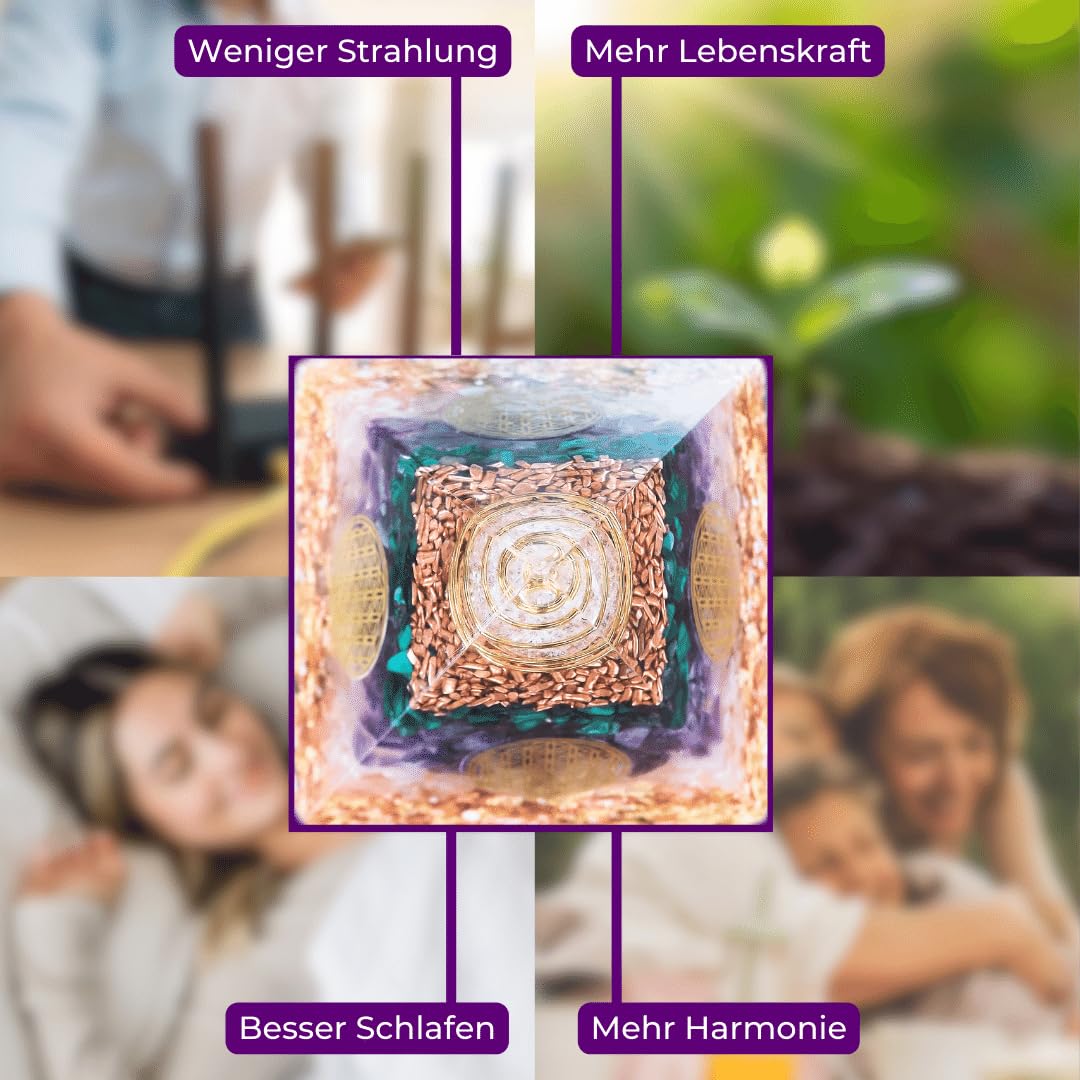 ORGONIC-Art Orgonite Pyramid – Inspired by the Ideas of Wilhelm Reich, with Malachite, Amethyst & Rose Quartz, a Symbol for a harmoniously perceived Atmosphere amid WiFi, 5G & Modern Technology.